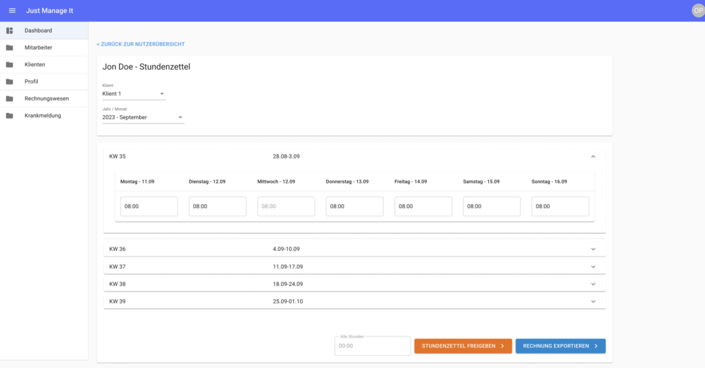 Einblick in die Verwaltung der Stundenzettel, der jeweiligen Schulbegleiter oder Begleiter.